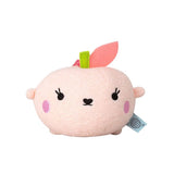 Soft toy shaped like a pink peach with a cute face on a white background