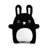 Black and white bunny soft toy with heart shaped nose and white belly