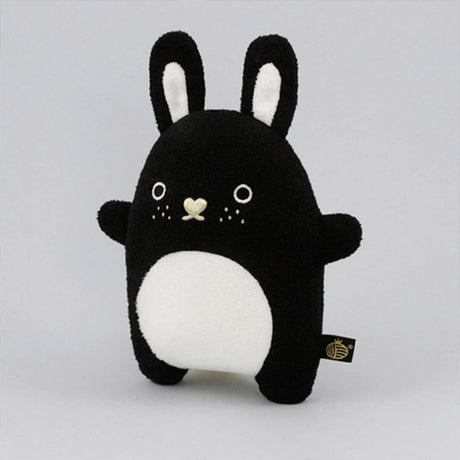 Black and white bunny soft toy with gold heart shaped nose, freckles and white belly