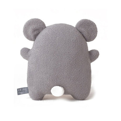 Gray plush soft toy with round ears on a white background