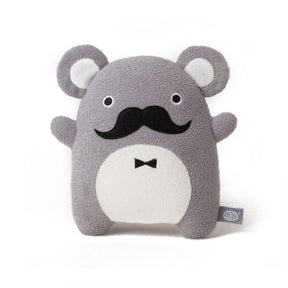 Grey soft toy with ears, moustache and bow tie