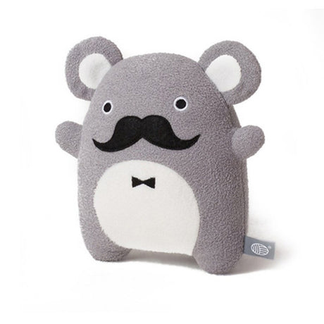 Gray plush toy with a mustache and bow tie on a white background