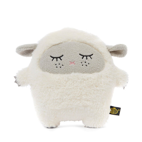 Plush toy sheep with a grey face, stitched features on a white background