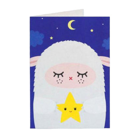 Card with a sheep and star design on a blue background with stars and moon.