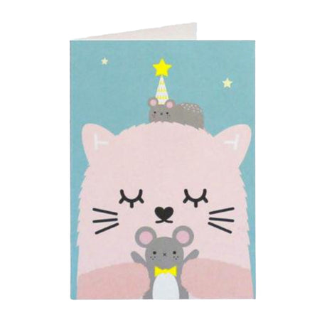 Greeting card with a pink cat and small gray mouse illustration on a blue background