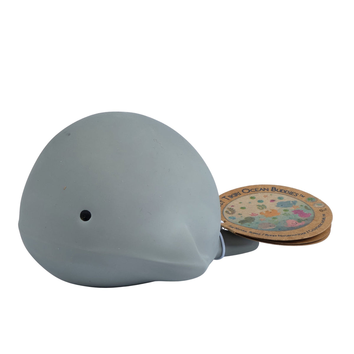 Tikiri My First Sea Animal Whale natural rubber teether with Ocean Buddies hang tag on white background