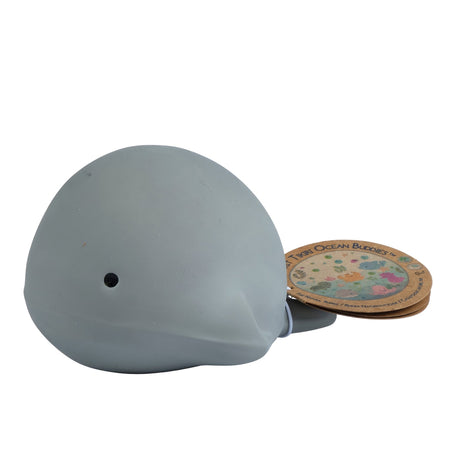 Tikiri My First Sea Animal Whale natural rubber teether with Ocean Buddies hang tag on white background