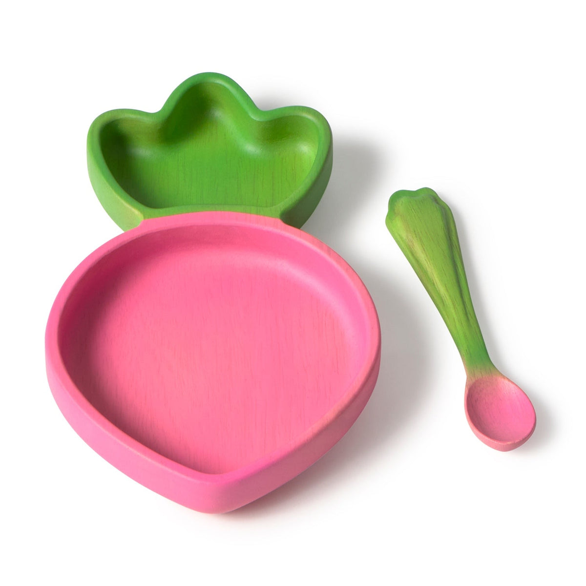 Wooden pink and green children's raddish shaped bowl and spoon set on a white background
