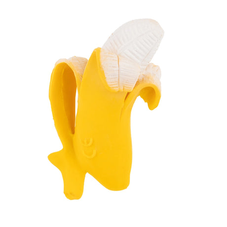Yellow rubber peeled banana baby teether on a white background