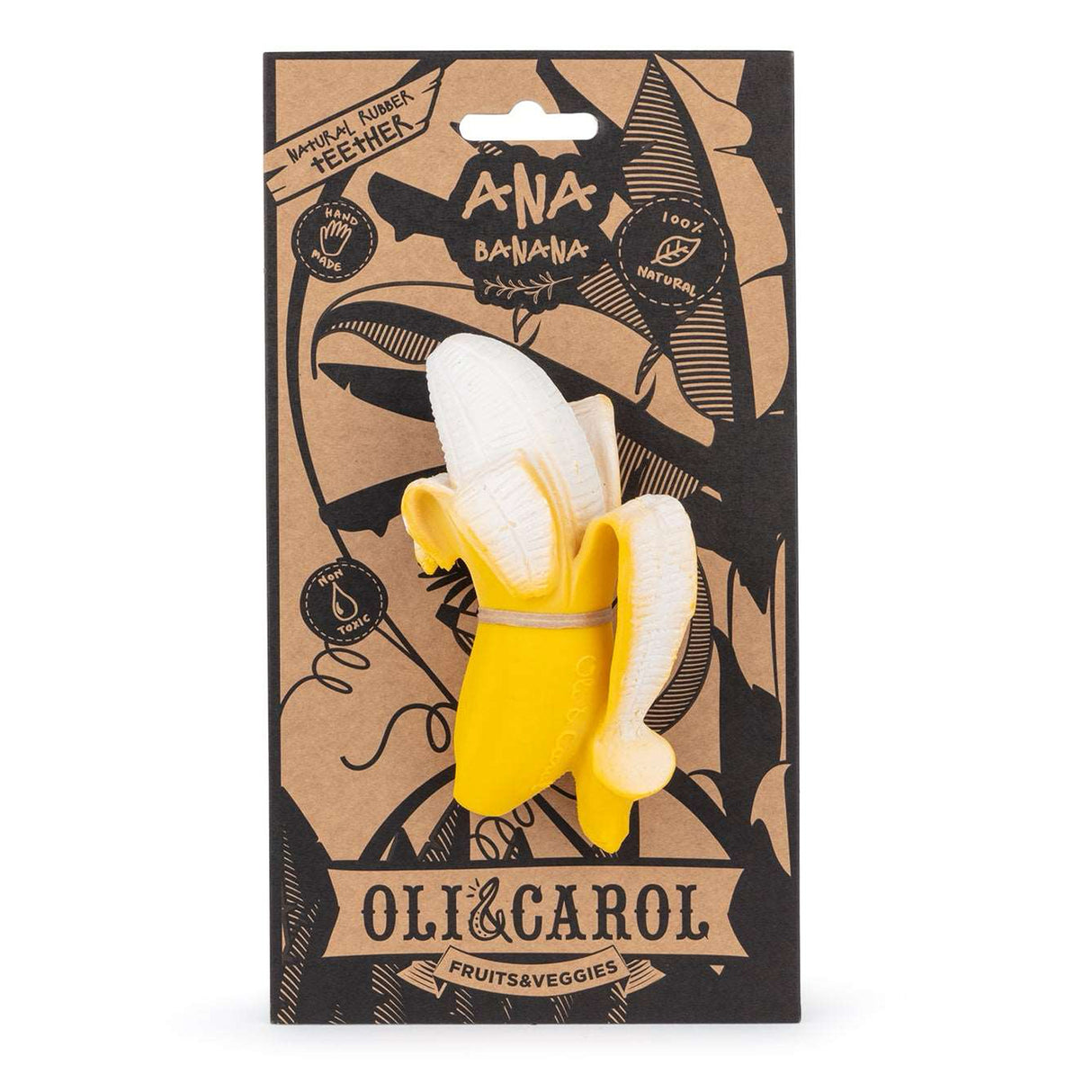 Banana-shaped baby teether product on a cardboard packaging with 'Oli & Carol' branding.
