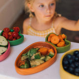 Toddler self-feeding with Oli & Carol Cathy the Carrot wooden plate and spoon set