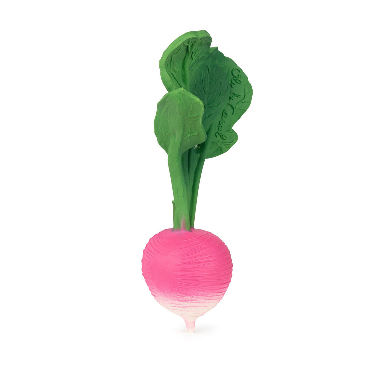 Baby teether rattle in the shape of a pink raddish with green leaves