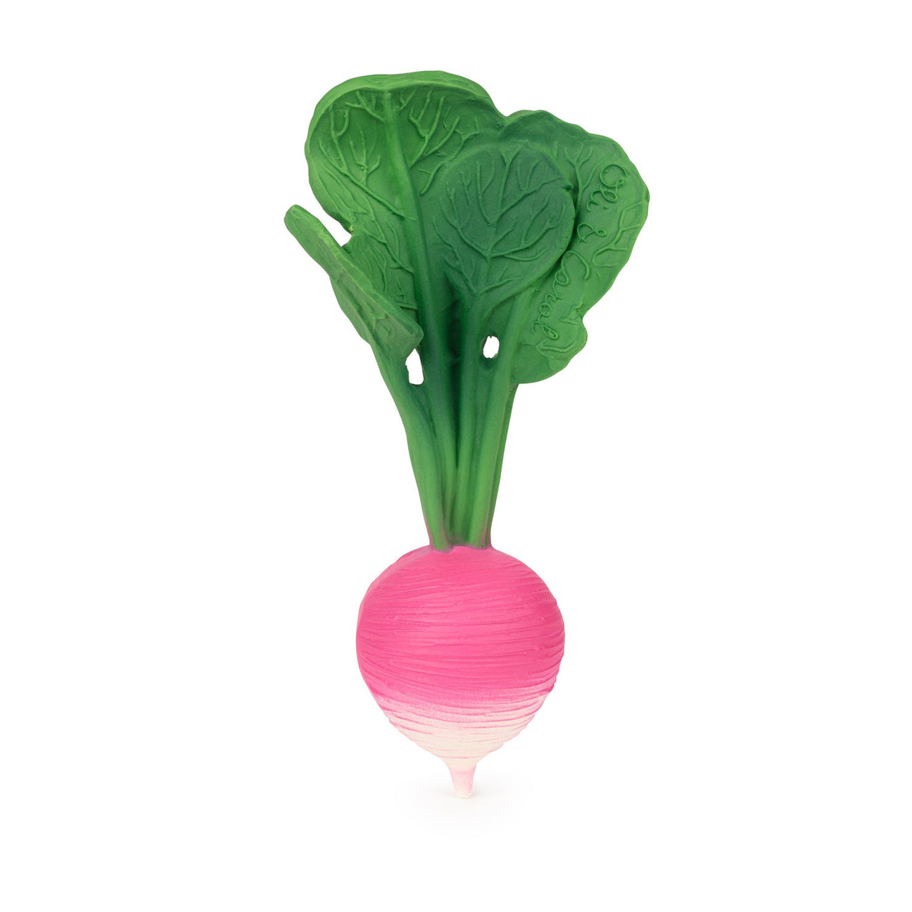 Baby teether rattle in the shape of a pink raddish