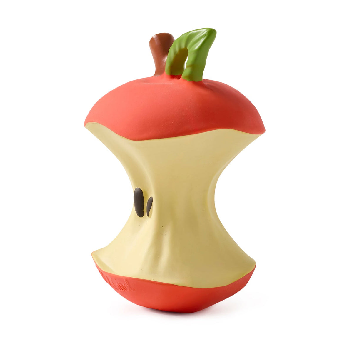 Toy shaped like a red apple with a green stem on a white background