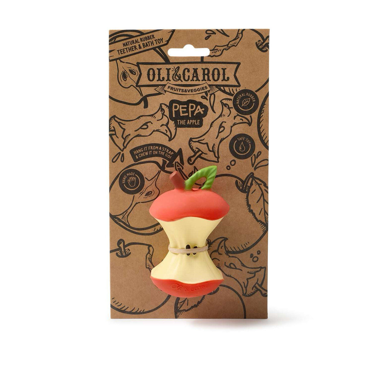 Oli & Carol Pepe the Apple teething toy packaging on a white background