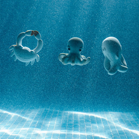 Three rubber toys crab, octopus and whale in swimming pool with blue water and tiled floor.