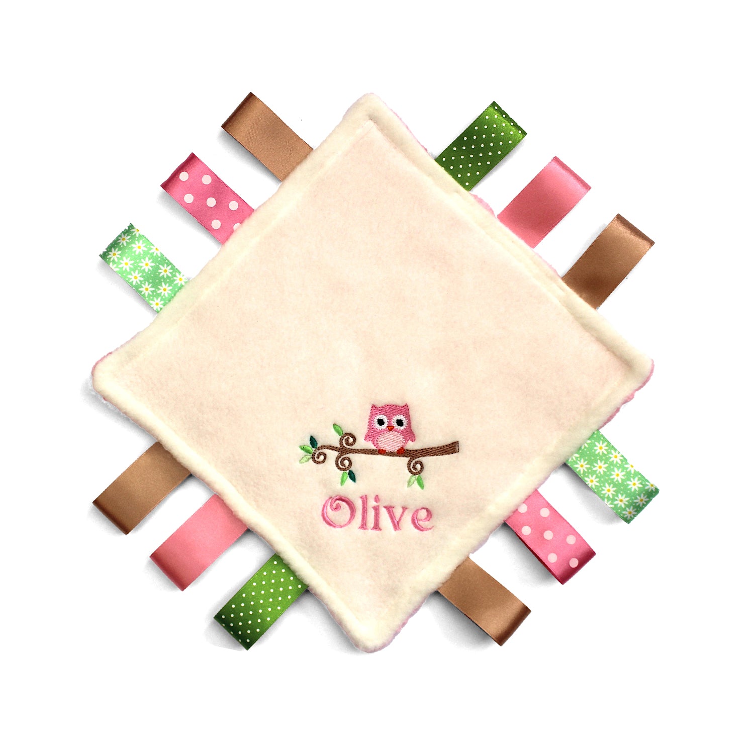 Baby comfort blanket with colorful tags and an embroidered owl design on a white background