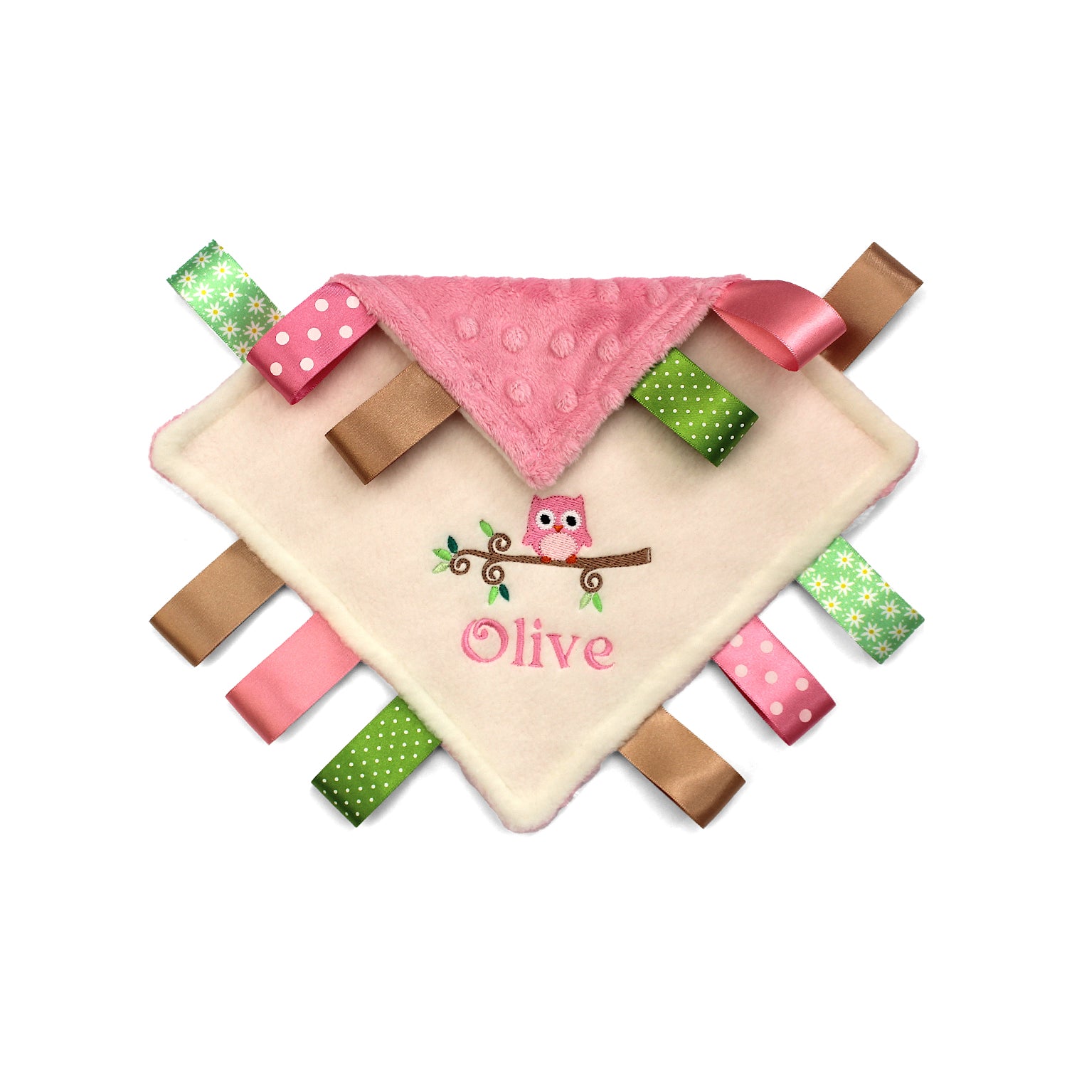 Baby comfort blanket with Owl design colourful pink and green tags and an embroidered owl design on a white background