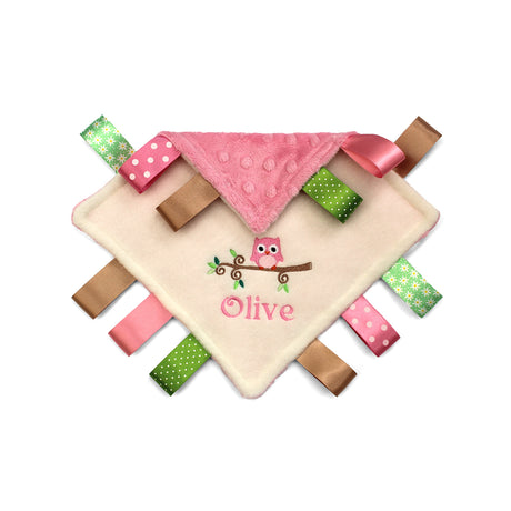 Baby comfort blanket with Owl design colourful pink and green tags and an embroidered owl design on a white background