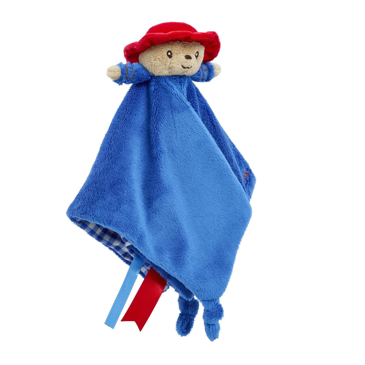 Paddington Bear baby comfort blanket with red and blue ribbon