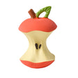 Rubber teether in the shape of a red apple core with a green stem on a white background