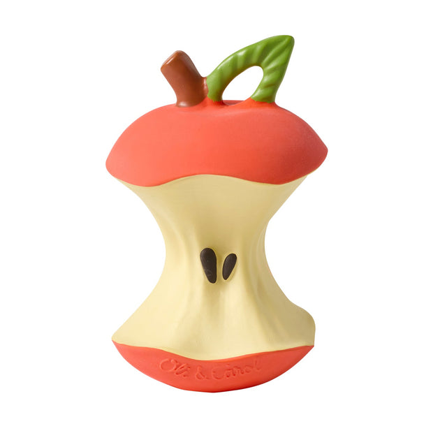 Rubber teether in the shape of a red apple core with a green stem on a white background