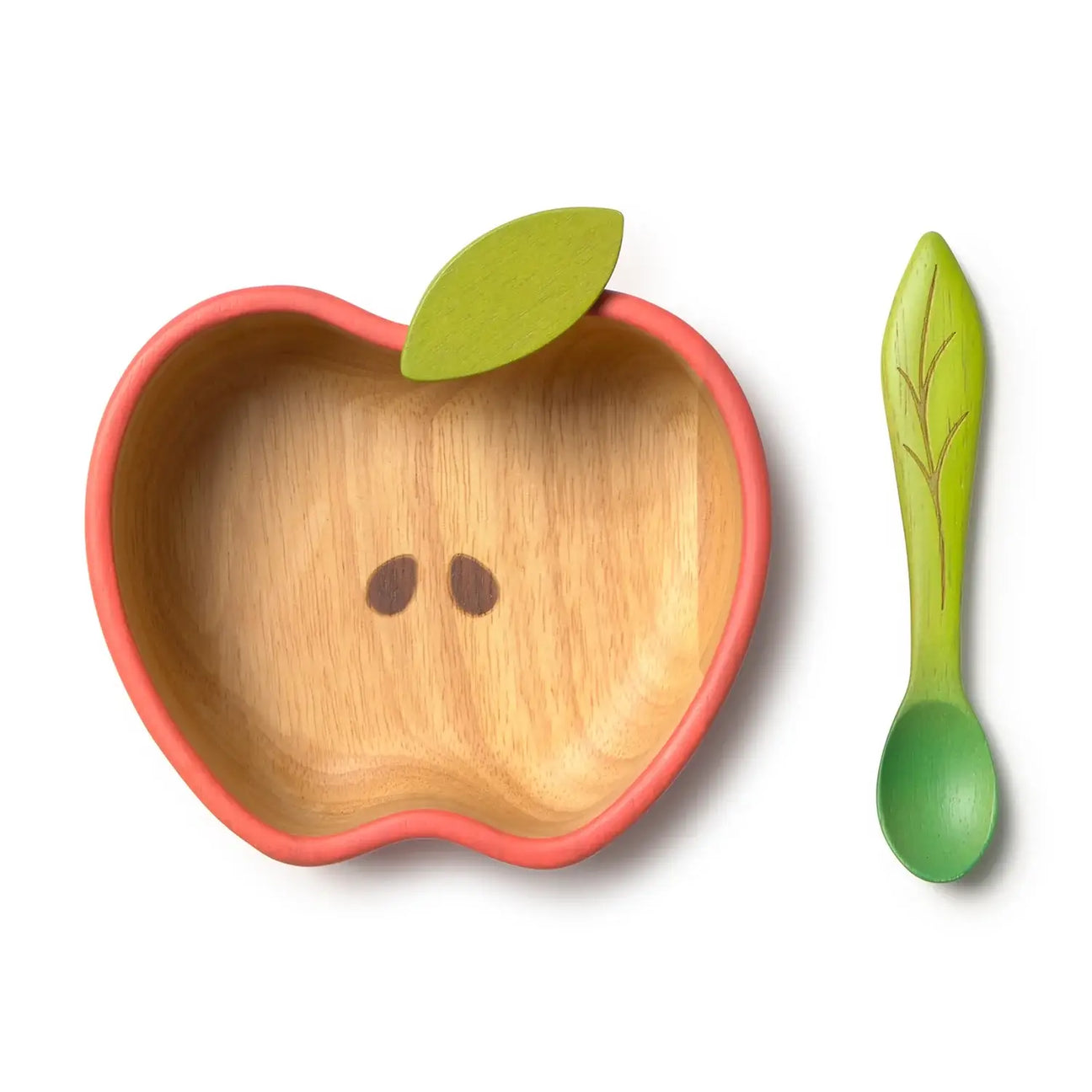 Wooden apple-shaped bowl with a leaf and a matching green spoon on a white background
