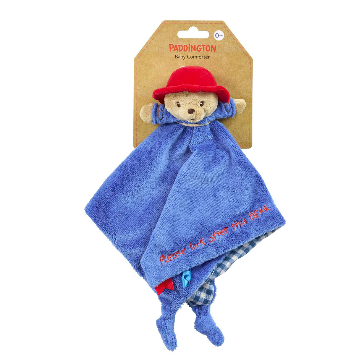 Paddington Bear baby comfort blanket with red and blue ribbon with swing card packaging 