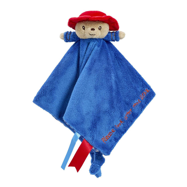 Paddington Bear baby comfort blanket with red and blue ribbon