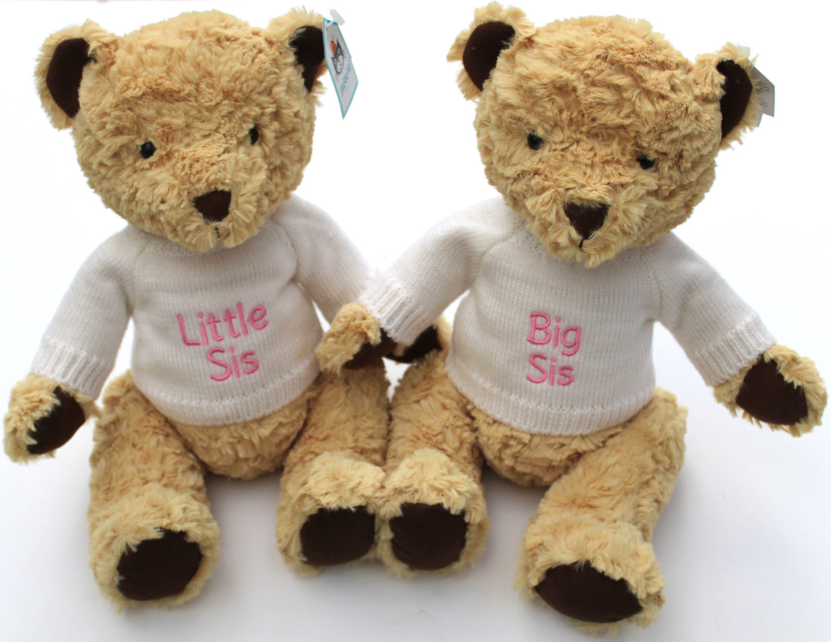 Two stuffed bears with personalised jumpers, one with 'Little Sister' embroidered on the front, the other with a tag visible.