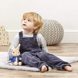 Child wearing blue overalls sitting on a wooden floor with a soft Peter Rabbit toy