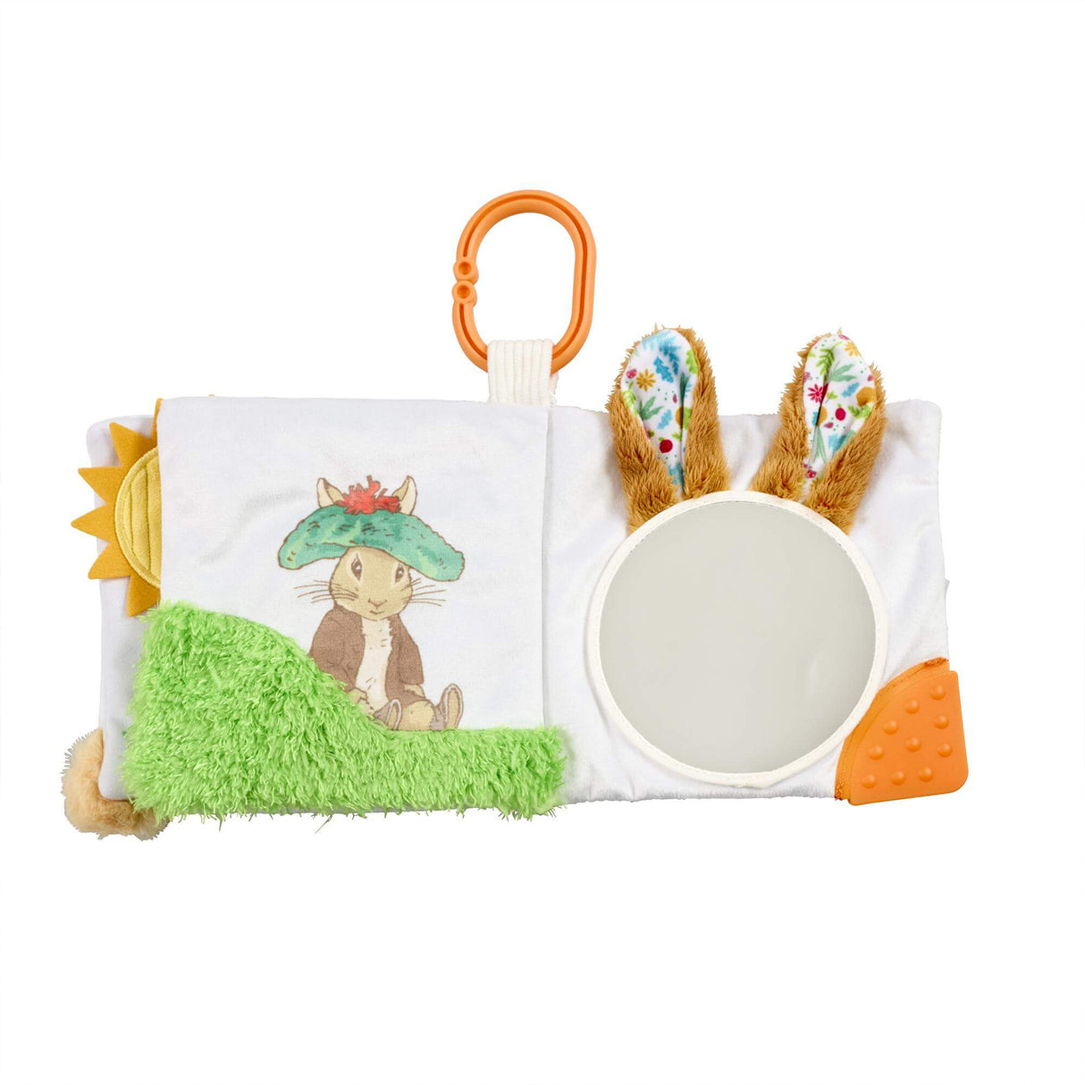 Peter Rabbit fold out activity book open showing Mrs Rabbit with textured green grass, baby-safe mirror, fluffy ear tabs, orange teether corners and orange buggy clip