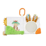 Peter Rabbit fold out activity book open showing Mrs Rabbit with textured green grass, baby-safe mirror, fluffy ear tabs, orange teether corners and orange buggy clip