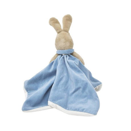 Plush Peter Rabbit blue soother blanket on a white background
