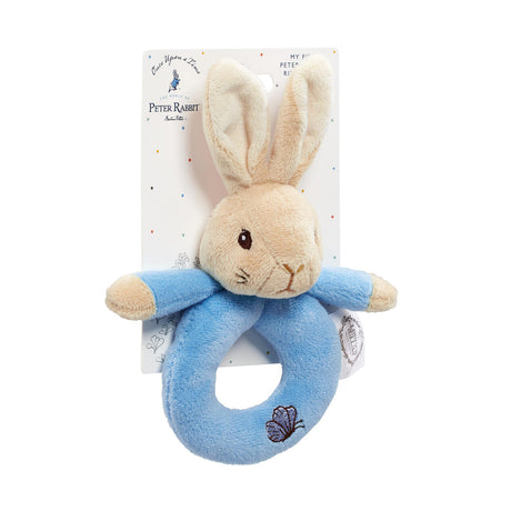 Peter Rabbit soft plush ring rattle with blue butterfly presented on card with Peter illustation