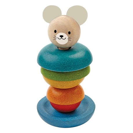 Rainbow wooden toy stacker with a mouse design on a white background