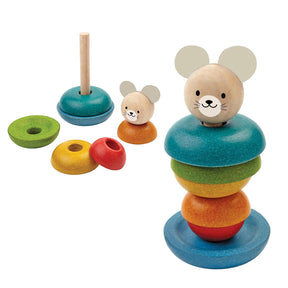 Colourful wooden toy with a mouse design on a white background