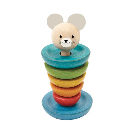 Rainbow wooden toy stacker with a mouse design on a white background