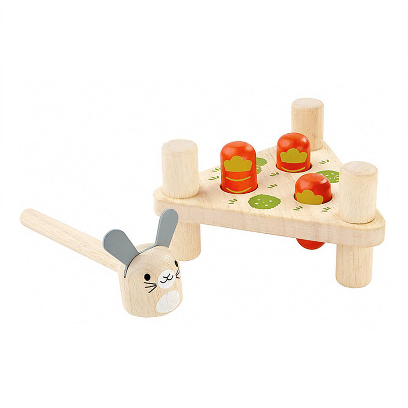 Wooden baby toy with a rabbit hammer and a table with carrots to hit