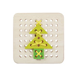 Childrens wooden lacing board with green and yellow shapes