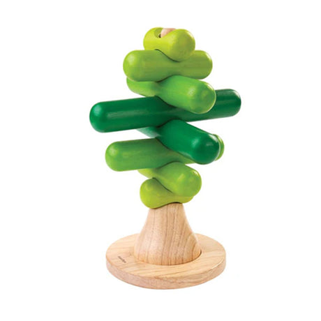 Green wooden Stacking tree toy with a natural wood base on a white background
