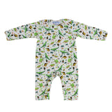Baby bodysuit with dinosaur pattern on a white background
