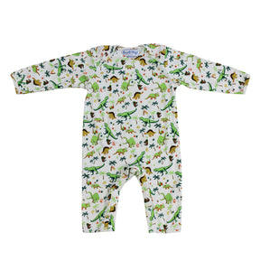 Baby bodysuit with dinosaur pattern on a white background