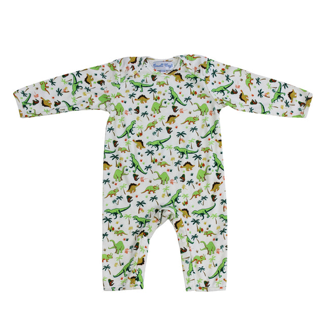 Baby bodysuit with dinosaur pattern on a white background