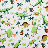 Pattern of colourful dinosaurs and palm trees