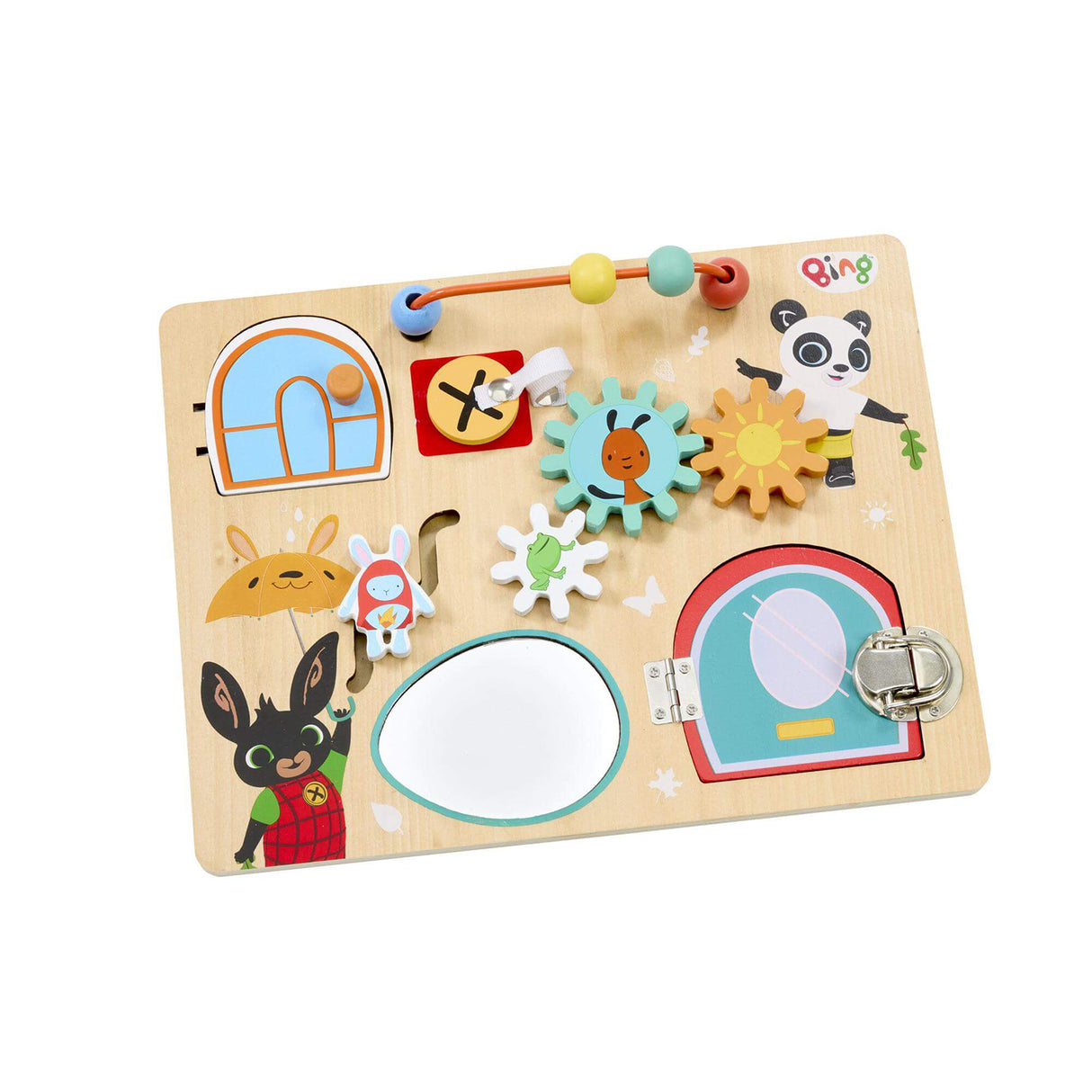 Wooden puzzle toy with colourful Bing characters and shapes on a white background