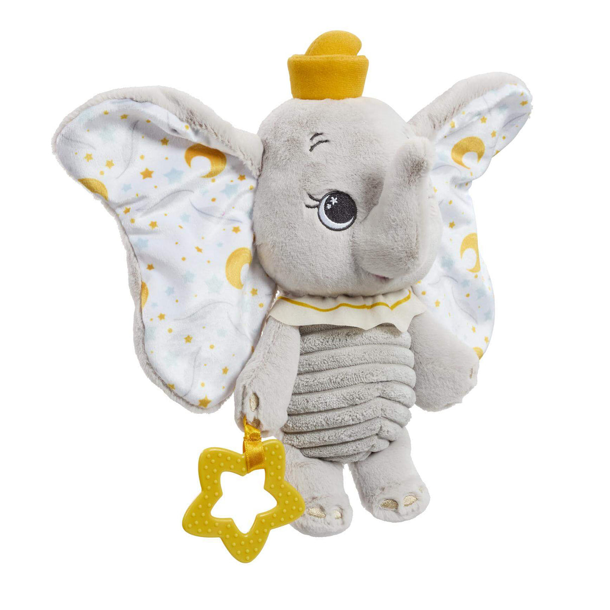 Disney Dumbo My First Soft Toy by Rainbow Designs, grey elephant plush with large fabric ears printed with gold moons and stars, yellow hat, ribbed body, and yellow star-shaped teether, on white background.