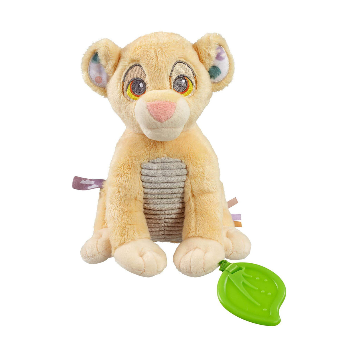 Plush baby toy of a lion cub Simba from Disney's 'The Lion King' with green teether leaf attached on a white background