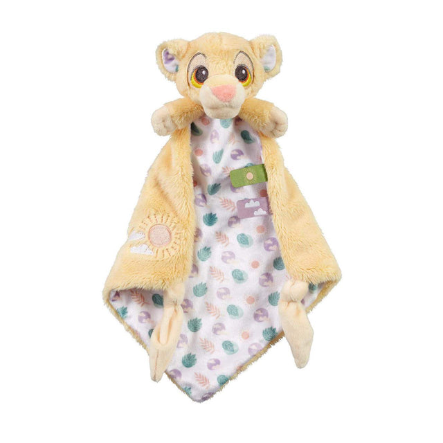 Plush Disney Lion King toy soother patterned blanket with two tags on a white background