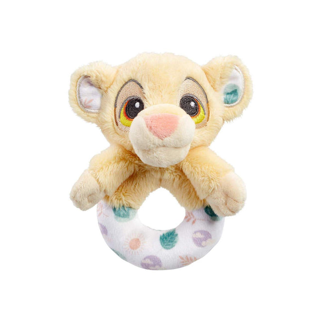 Plush Disney Lion King Simba toy with a ring with patterned fabric on a white background